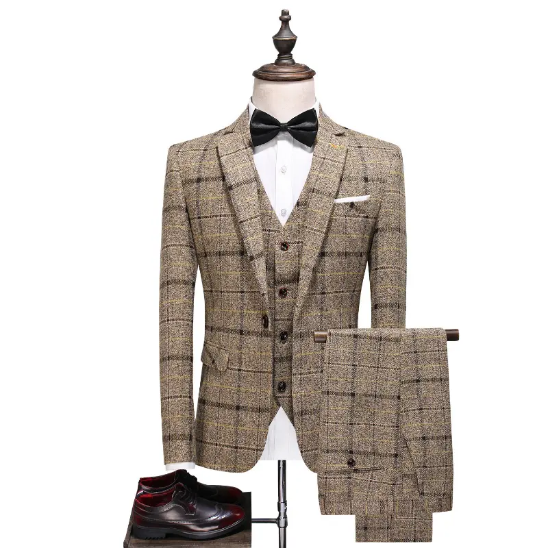 Men's 3-Piece Slim Fit Plaid Cotton Suit with Mid-Buckle Buttons, Regular to 5XL Sizes, Ideal for Groom & Wedding Occasions