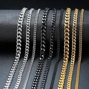 Curb Cuban Link Chain Stainless Steel Necklace For Men Women Vintage Black Gold Tone Solid Metal