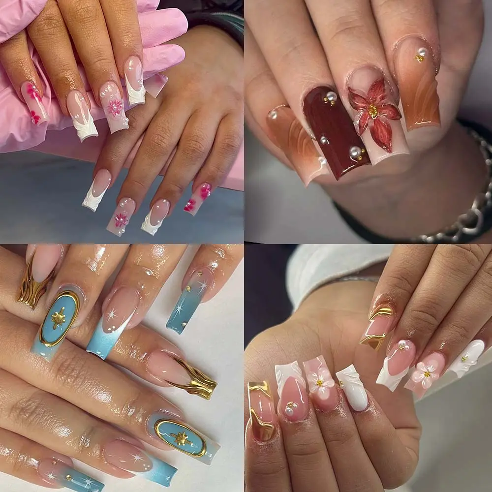 96pcs Medium Square French Press-On Nails, Glossy Finish, 3D Gel Petals, Star Pattern, Pearl Rhinestones, Includes Storage Box, Nail Art, Nail Design, Pressed On Nails, Nails Press Ons