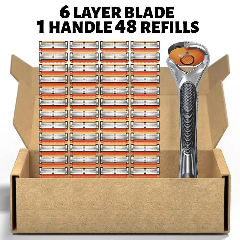 Men's Razor Blade Replacement Refills with Handle, Available in 24-Blade or 48-Blade Packs, Sharp Head Shaver Blades for Daily Grooming