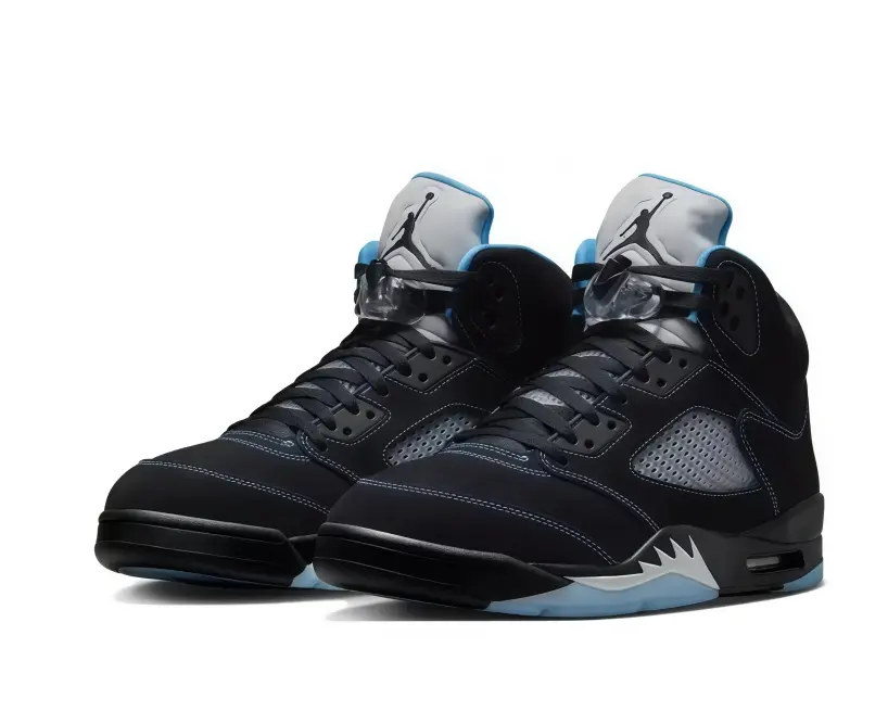 Black High Top Retro Basketball Sneakers with Light Blue Accents and Icy Translucent Outsole