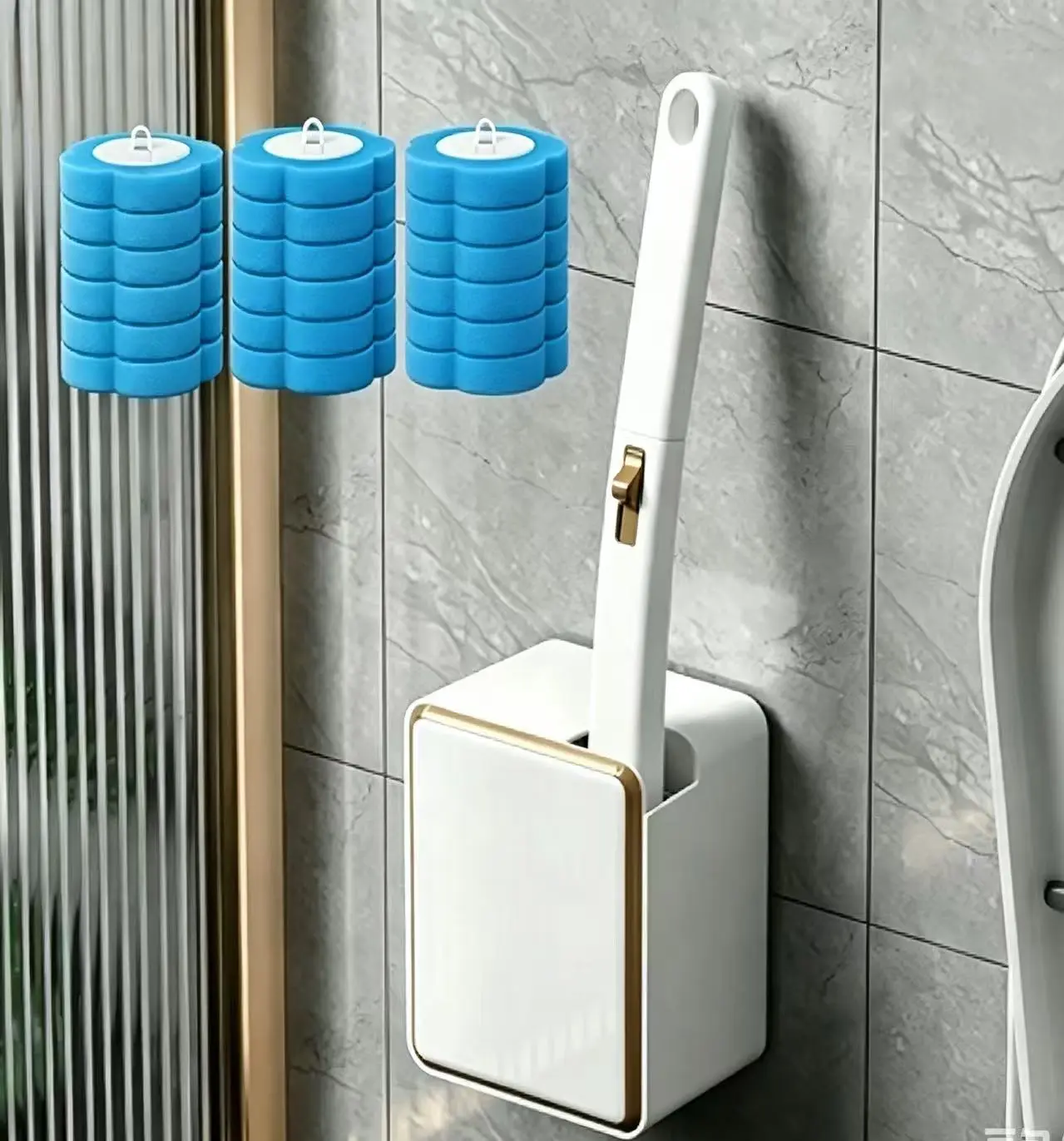 Wall-Mounted Plastic Disposable Toilet Brush Set - Cleaning Toilet Wand Kit with 18 Replacement Sponge Heads and Disposability-Enabled Holder