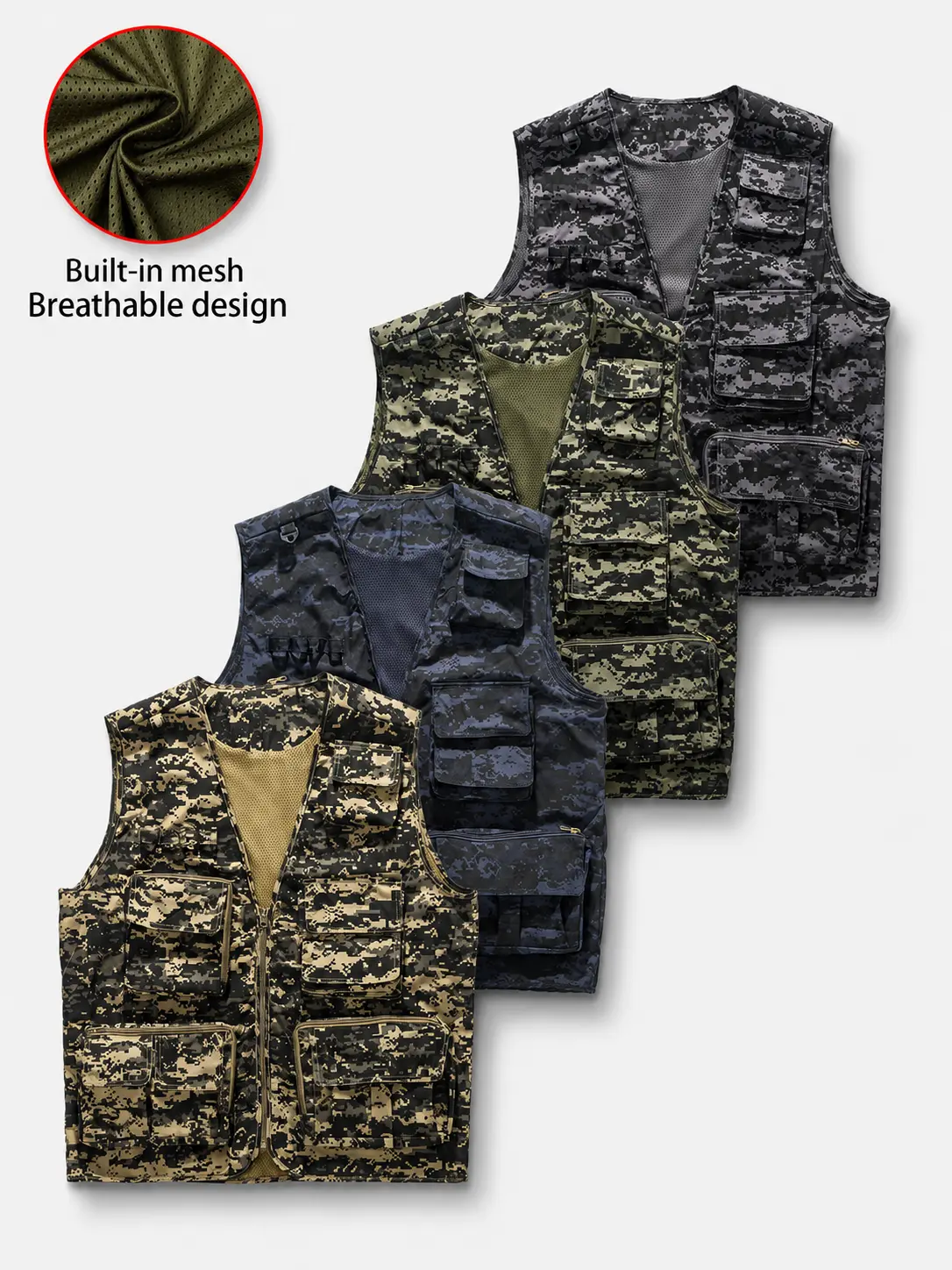 Mens Camo Utility Vest Breathable Mesh Lining Multi Pocket Outdoor Fishing Vest Lightweight Sleeveless Workwear Jacket Zip Front Flap Pocket Casual Streetwear Gilet for Hiking Camping Travel Photography Summer Layered Outfit