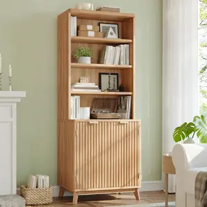 Raybee Tall Bookshelf, 6-Tier Bookcase with Fluted Doors & Adjustable Shelves, Mid-Century Cabinet, Modern Wooden Book Shelf for Home Office, Living Room, Kitchen