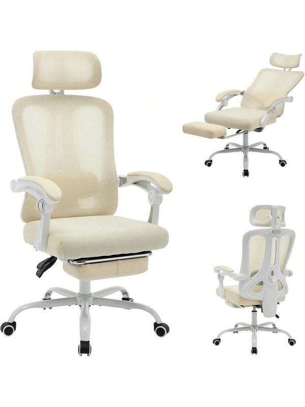 Beige - Ergonomic Mesh Office Chair - Home Desk Chair With Footrest , High-Back Computer Gaming Chair With Headrest Adjustable Lumbar Support, Rolling Swivel Task Chairs For Home, Office