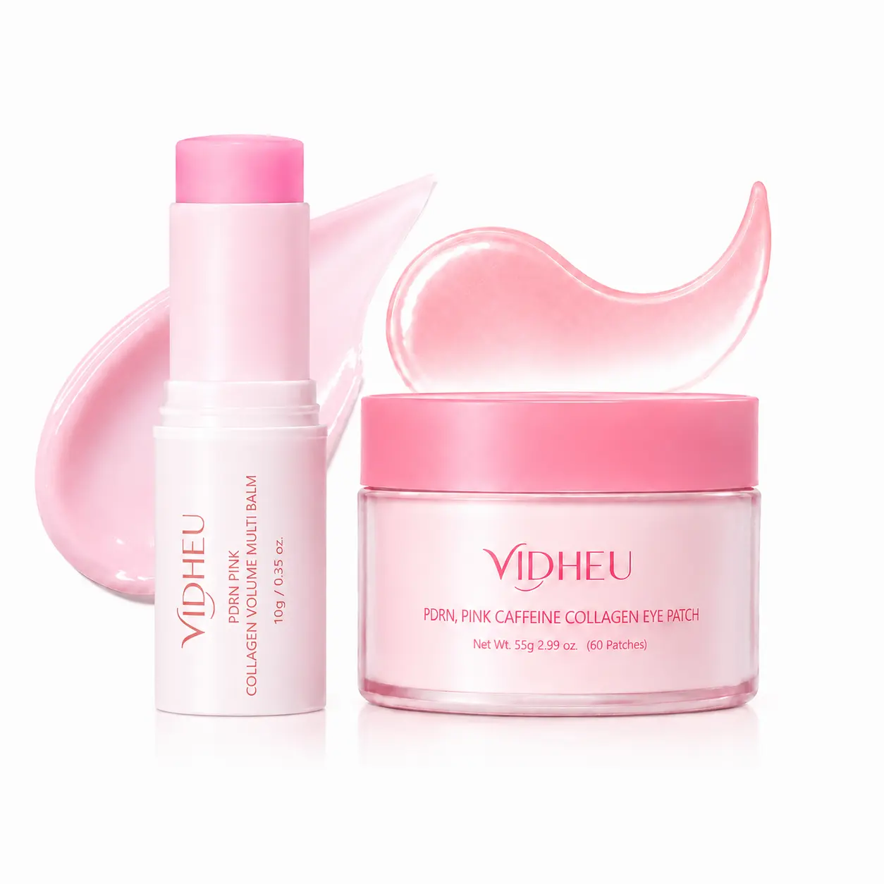 VIDHEU PDRN Eye Patch & Multi Balm Stick Set, Pink Collagen Caffeine Under Eye Masks with Portable Hydrating Face Stick, Daily Dewy Skin Care Duo