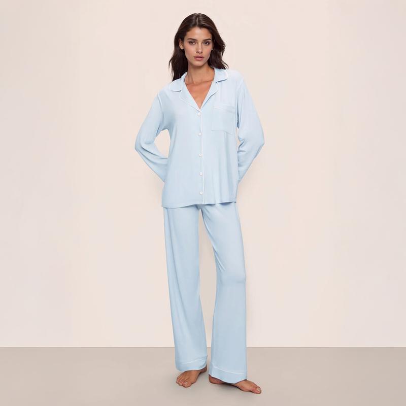 KatchMe Women's Basic Color Matching Trim Button-Up Long Sleeve Top & Drawstring Waist Loose Trousers Sleepwear Co-ord, Leisure Pajama Set for Fall & Winter