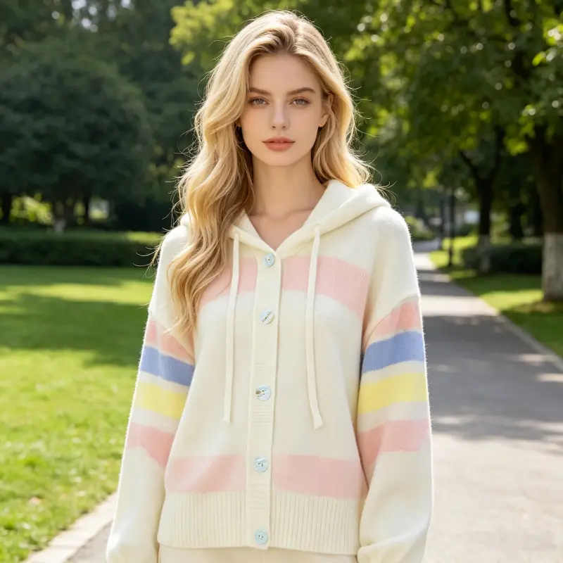 Ladies Hooded Knitwear Cardigan - Womenswear Long Sleeve Tops, Rainbow Striped Button Front Drawstring Hood, Cozy Casual Fall Winter Layering, Cute Oversized Loose Fit Soft Knit Sweater, Medium Stretch, Y2K Preppy Aesthetic School Wear