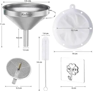 KALAVE Premium Stainless Steel Funnel, 5 Inch Food Grade Kitchen Funnels with 200 Mesh Food Filter Strainer for Filling Bottles, Oils, Juice, Wine, Coffee, Milk
