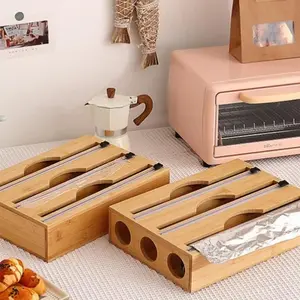 Bamboo Food Wrap Cutter, Aluminum Foil Storage Box, Self-Sealing Bag Organizer, Durable Kitchen Accessories for Organization
