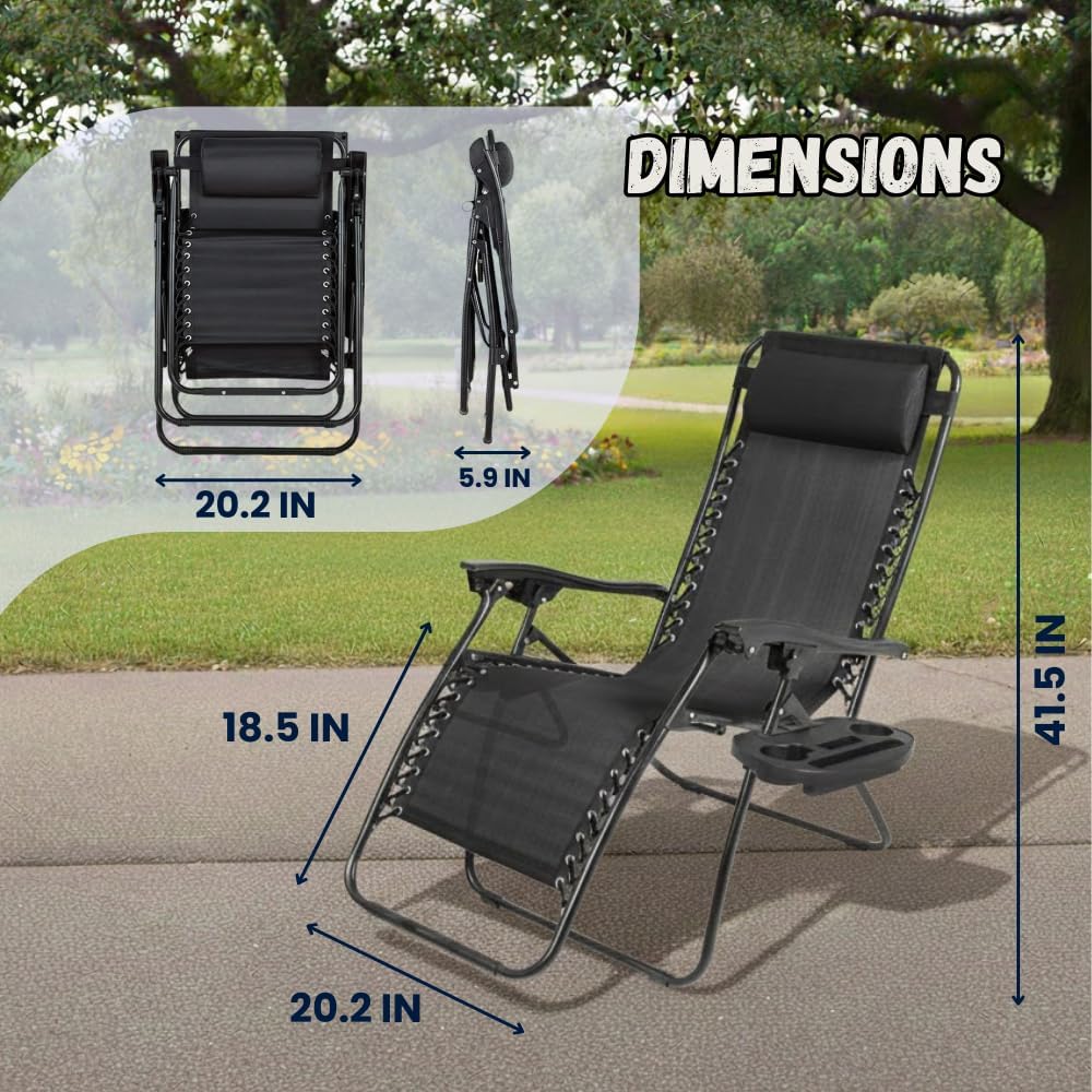 Zero-Gravity Reclining Patio Lounge Chairs  with Cup Holder, Textilene Fabric & Adjustable Headrest, Outdoor Folding Chairs for Garden, Pool, Backyard