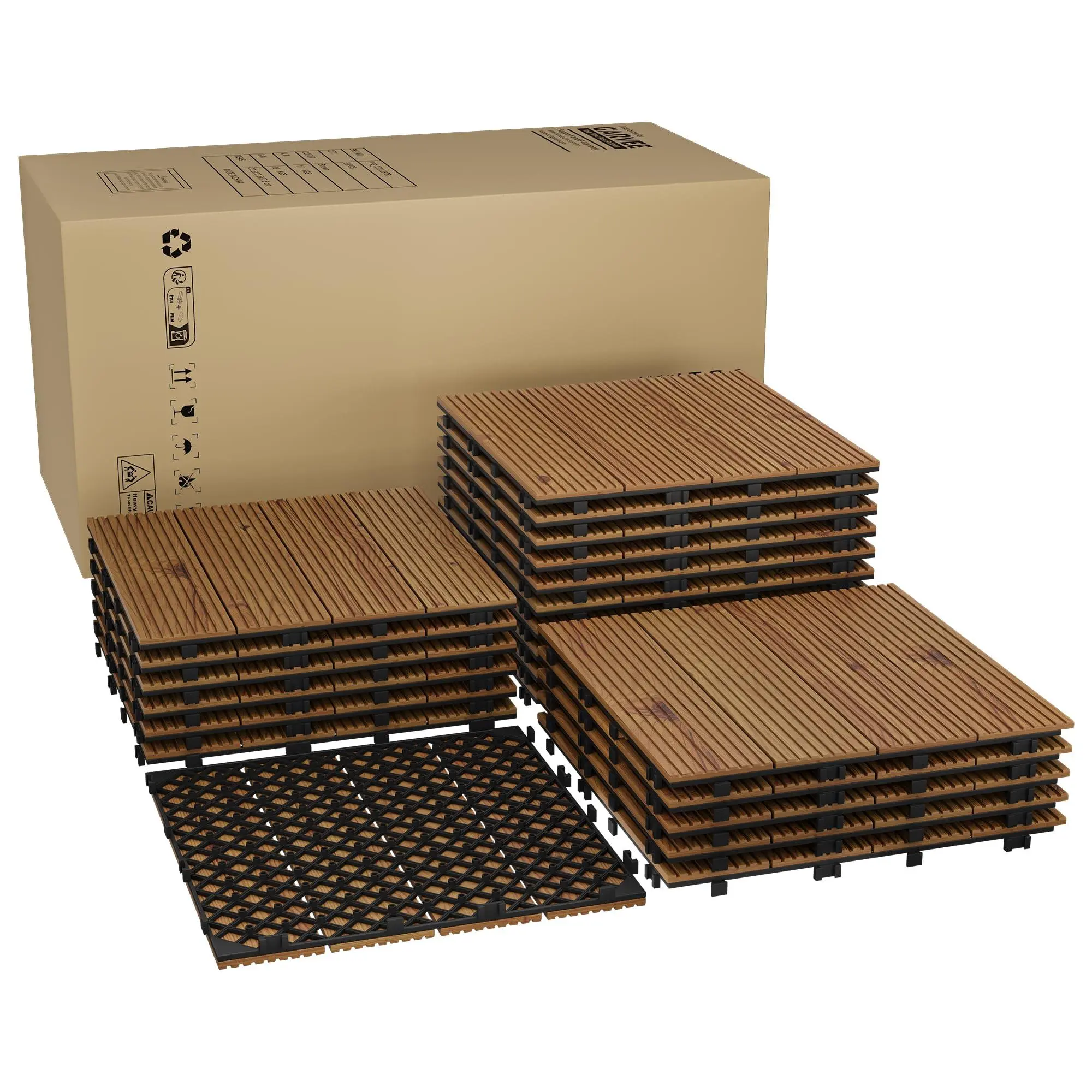 GARVEE 22 PCS Interlocking Deck Tiles, 12"X12" Solid Acacia Wood Flooring for Outdoor & Indoor, All Weather Waterproof Snap Together Patio Tiles for Balcony, Poolside, Deck,Brown