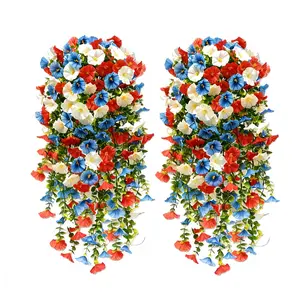 Tricolor combination patriotic artificial hanging flowers, red, white, and blue hanging flowers, patriotic flower wreaths, July 4th decorations artificial flowers and plants, realistic morning glory imitation artificial plants, for home garden yards, cour