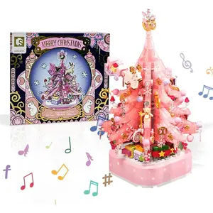 Christmas Tree Building Blocks Pink Christmas Music Box with Rotating Christmas Bricks Toy for Boys Girls Festive Gift