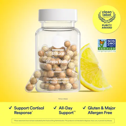 Ritual Stress Relief Supplement BioSeries with 8-Hour Release Support (Shoden Ashwagandha, Suntheanine L-Theanine, and Saffron as affron*) 30 Day Supply
