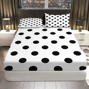 3Pcs Polka Dot Black White Fitted Sheet Three Piece Set (1*Fitted Sheet+2*Pillowcases, Coreless), Modern Chic theme, Stylish Bedding Set, Mattress protector Soft, Breathable