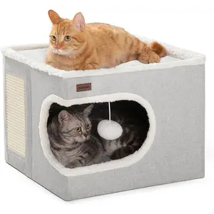Cat Bed for Indoor Cats Cube House, Covered Cat Cave Beds & Furniture with Scratch Pad and Hideaway Tent, Cute Modern Cat Condo for Multi Small Pet Large Kitten Kitty, Grey