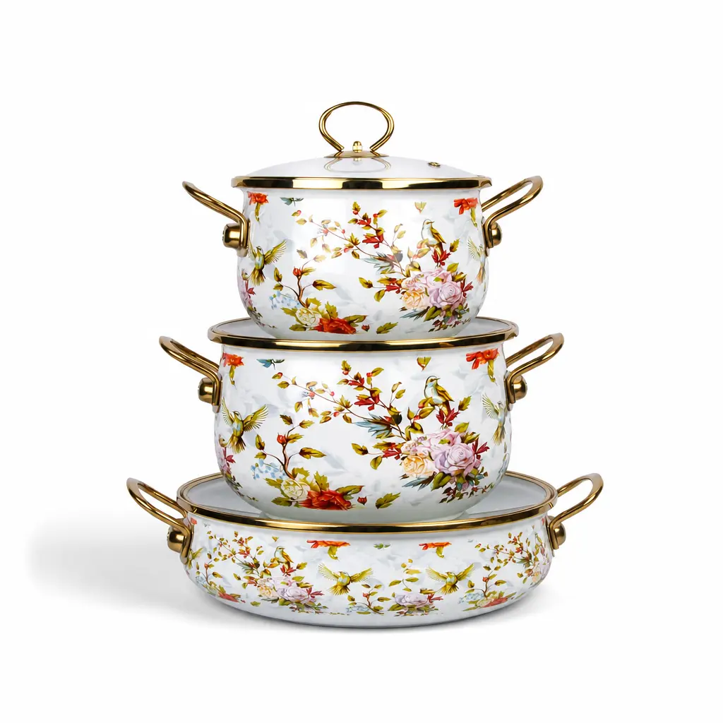 Vintage Floral Bird Design Enamel Soup Pot Set (20/24/30 cm) - Large Capacity Stackable Cookware with Lids, High-Quality Home Kitchen Utensils, Compatible with Gas Stoves & Induction Cooktops