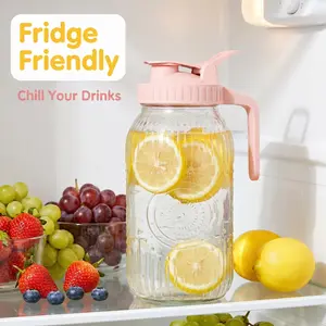 Vintage 64oz Glass Mason Jar Pitcher with Lid, 2 Quart Breast Milk Pitchers with Pour Spout Juice Jug Coffee Iced Tea Container for Fridge Leak-Proof Water Jug with Handle for Party Outside & Daily Use