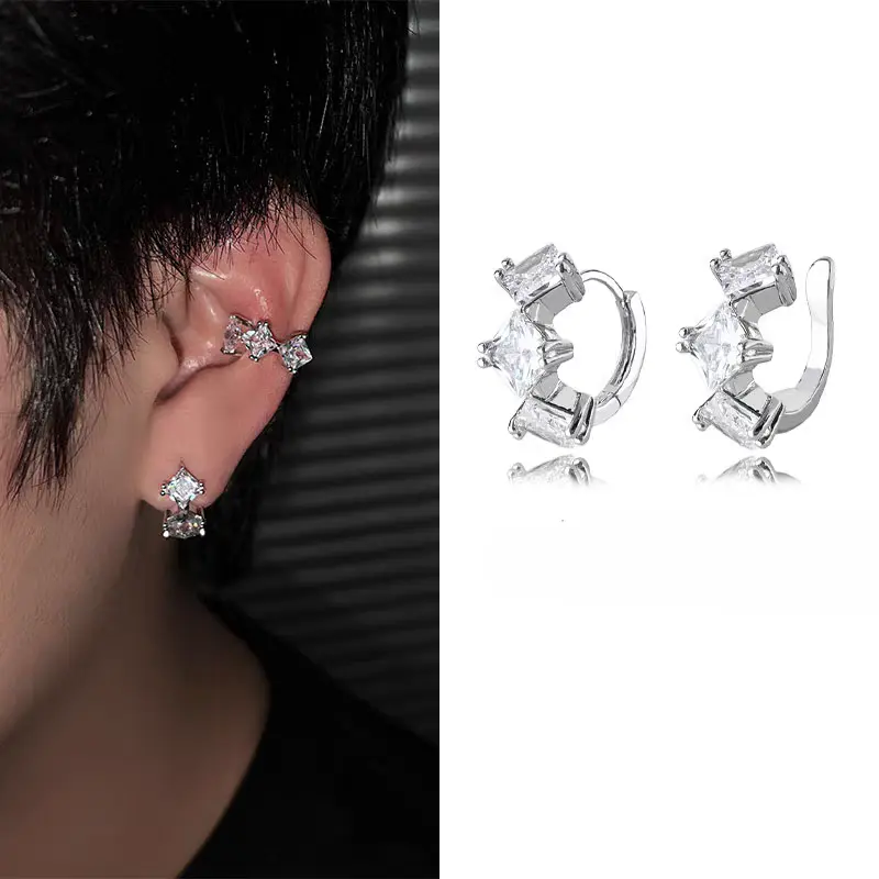 UURiel Shining Artificial Zirconia Rhombus Ear Studs with Cartilage Clips - Unique Geometric Fashion Ear Accessories, Unisex Jewelry Gift for Men & Women, Shining Earrings