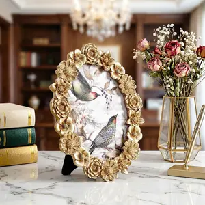 European Style Floral Pattern Frame, Oval Desktop Photo Display, Dual Use Resin Frame, Bathroom Decor, Home Photography Props