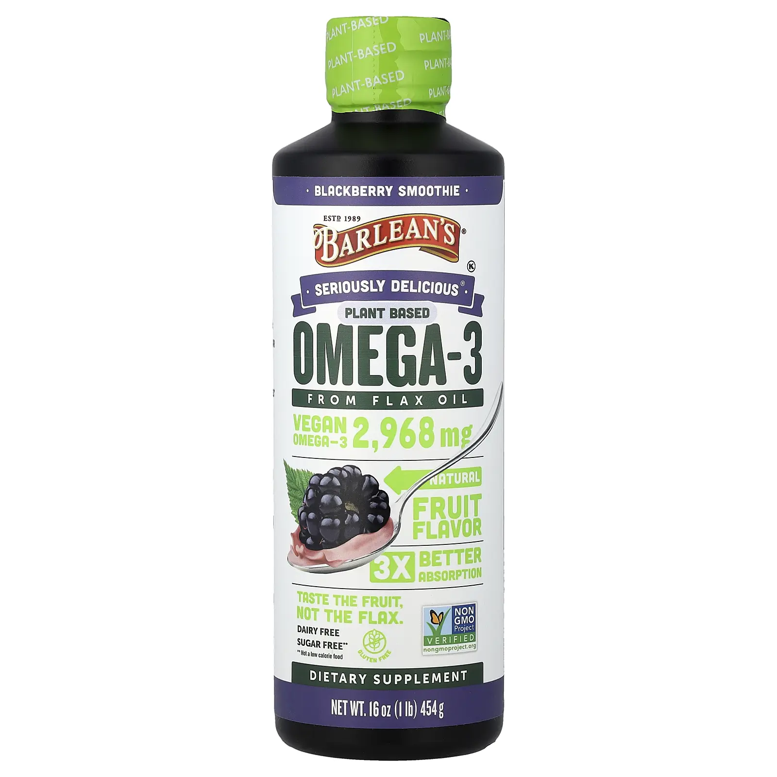 Barlean's Seriously Delicious®, Plant Based Omega-3 from Flax Oil, Blackberry Smoothie, 16 oz (454 g)