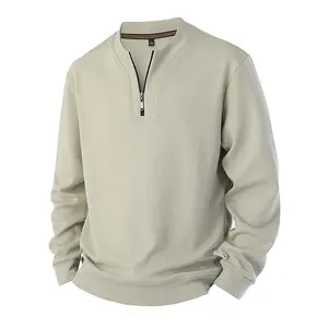 Men's Light Beige Quarter Zip Stand Collar Waffle Knit Sweatshirt – Casual Business Comfortable Pullover(Sheets)