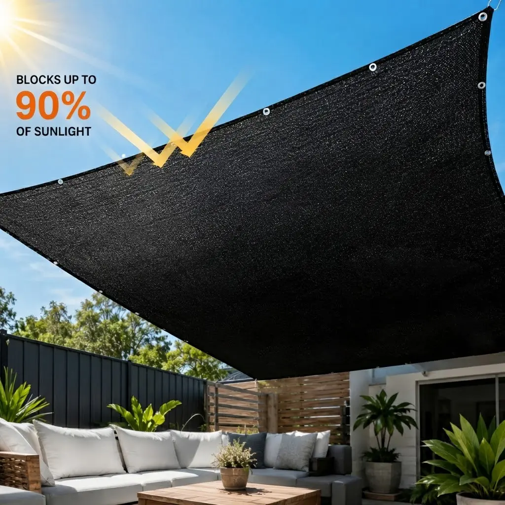 93% Blackout Cloth (Black) - 10 x 13ftUV-Resistant Shade Net withReinforced Rivets, Suitable for OutdoorAdventures / Camping / Garden / Patio/ Greenhouse.Mesh Shade Cloth Sun Canopy Mesh Canopy
