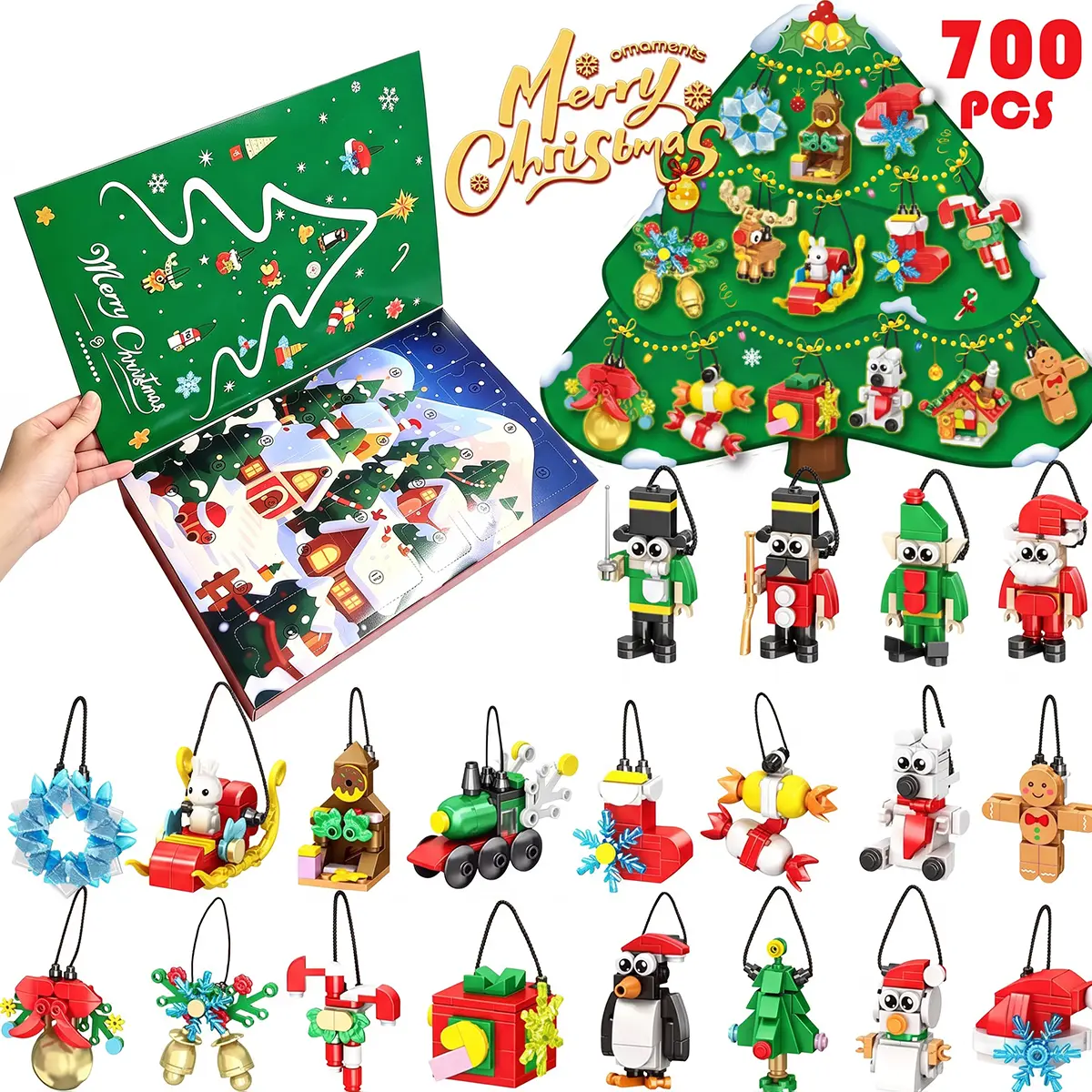 Building Kit 24-in-1 Set for Kids Includes Tree Wreath Santa Snowman Gingerbread Reindeer Nutcracker Snowflake DIY Craft Toys Compatible with Lego for Stocking Stuffers Decor Gifts Party Decoration