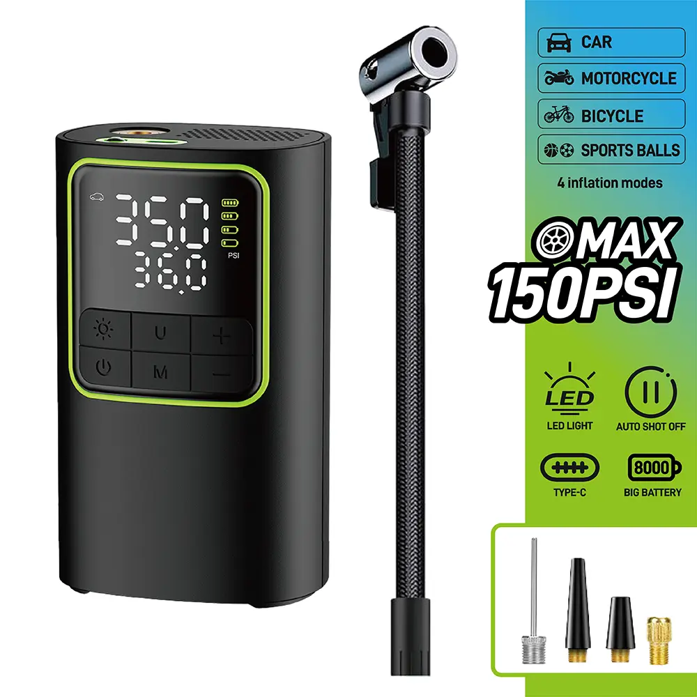 LOZLIN Portable Tire Inflator with 150 PSI Power & LED Light Smart ON/OFF Hose Digital Display 4 Modes for Car Motorcycle Bicycle Sports Balls 8000mAh USB Rechargeable Battery fathersdaygift Cordless Air Pump