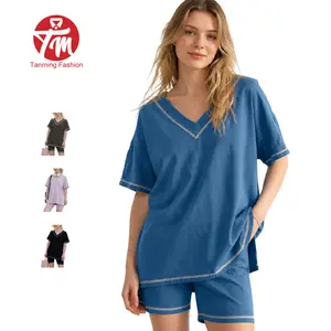 Tanming Women's 2-Piece Workout Set - 2 Piece Sets, Reversible V-Neck Oversized Tee with Pockets, High-Waisted Biker Shorts - Athleisure Streetwear, Women's 2 Piece Set