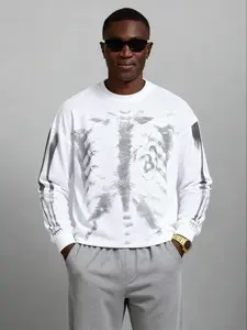 Street Dark King Waffle Long Shirt, Skull Print, Skeleton, Loose Shoulder Design, Unique Bone Pattern, Geometric, Trendy Filter, Casual, Streetwear, Street Style Essential, Top, Menswear