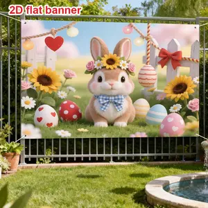 1 piece, Happy Easter decorative banner background, large Easter banner with bunny and coloured Easter eggs, for Easter party decoration, colourful spring Easter banner for birthday Easter party decoration and Easter egg hunt party