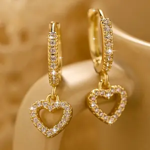 18k Gold Plated Vintage Heart Pendant Earrings Hoop Zircon Earrings Simple Fashion Pendant Earrings Women's Jewelry Gift