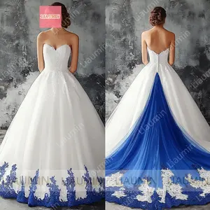 White Tulle Blue Lace Applique Strapless Floor Length Lace-Up Back Wedding Formal Prom Dresses Bridal Gown Customized Made W19-5