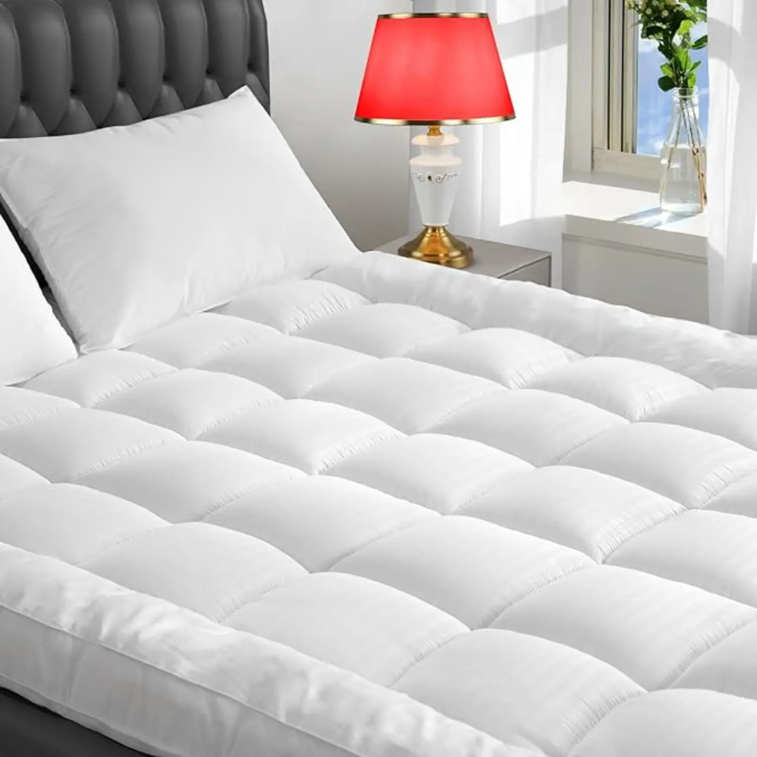 4 Inch Ultra-Fluffy Mattress Topper Queen for Back Pain, Extra Soft Pillow Top Queen Mattress Topper with 4X Support, Mattress Pad with Breathable Air Mesh Sides, 6-21'' Deep Pocket US