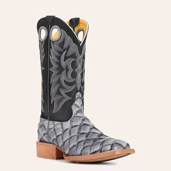 Cavender's Men's Intrepid Black and Gray Pirarucu Print Wide Square Toe Cowboy Boots