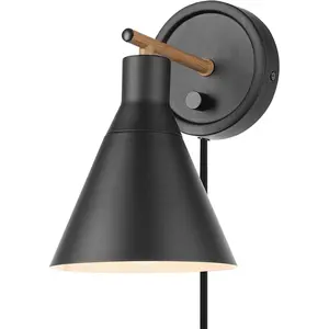 Electric 51725 1-Light Dimmable Plug-in or Hardwire Wall Sconce, Matte Black, Faux Walnut Accent, Stepless Dimming Rotary Switch on Canopy, Black Fabric Cord, Bulb Not Included