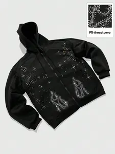 Men's Rhinestone Decorated Zipper Hoodie, Casual Loose-Fit Kint Fabric, Suitable for Autumn & Winter Daily Wear, Knit