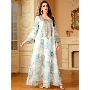 Ramadan Muslim Women's Floral Print Abaya with Sequin Embellishments Loose Robe Elegant Casual Dress