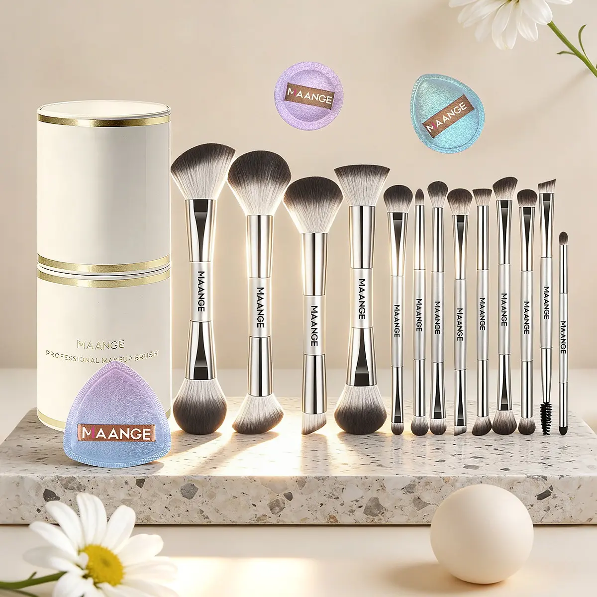 Maange Professional Dual-Ended Makeup Brush Set, 13 Pieces + 3 Puff Brushes + Brush Holder, Beauty Brush Set, Travel Makeup Kit, Makeup Tools Set, Makeup Brushes Kits for Women and Girls