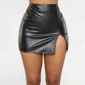 Women's PU leather skirt, solid color split skirt. Fashion hip circumference high waist elastic zipper mini A-line pencil shorts, women's underwear