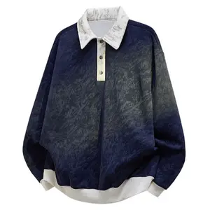 Tie-dye contrasting color splicing POLO shirt sweater, men's spring trendy brand casual long-sleeved top, retro trendy contrasting color splicing loose top, trendy printed shirt collar design versatile lazy style long-sleeved sweater, casual pullover men'