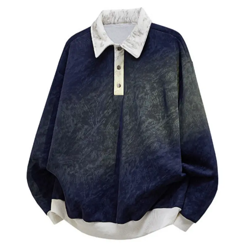 Men's Contrast Marble Print Collar Long Sleeve Polo Sweatshirt, Gradient Vintage Wash Textured Fabric Three Button Placket White Ribbed Hem Cuffs Soft Warm Top Ideal For Spring Autumn Street Commute Outdoor Leisure Activities#SummerWins
