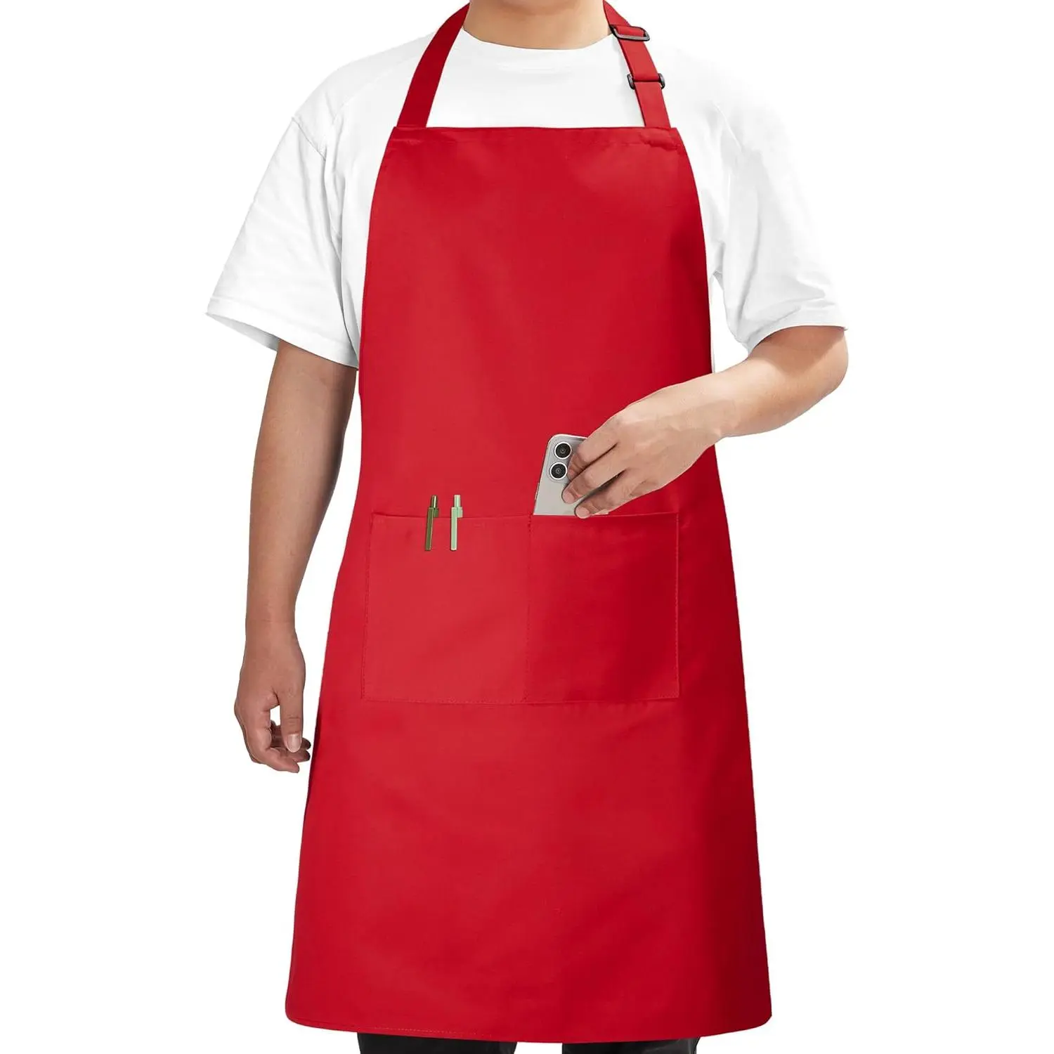 Chef Apron for Men Women Kitchen Cooking Apron with Pockets, Adjustable Bib Aprons Stain Resistant, 1 Pack Red