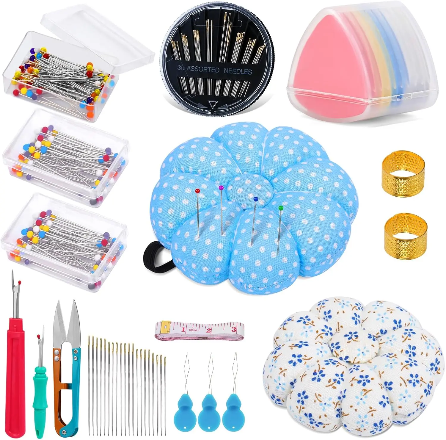 Sewing Pin Cushion Kit, Wrist Pin Cushions for Sewing,  Cushion with 150 count Sewing Pins, 50 count Sewing , 10 count Tailors Chalks, Seam Rippers, , and Tape Measure