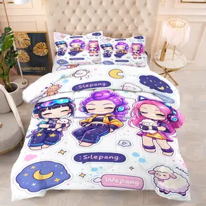 K-Pop Chibi Anime Idol Print Comforter Set, Includes 1 Filled Quilt and 1-2 Coreless Pillowcases, Virtual Girl Group E-Sports Style Image, Comfort Fabric, Sweet Cool Bedroom Decor, Gift for Fans