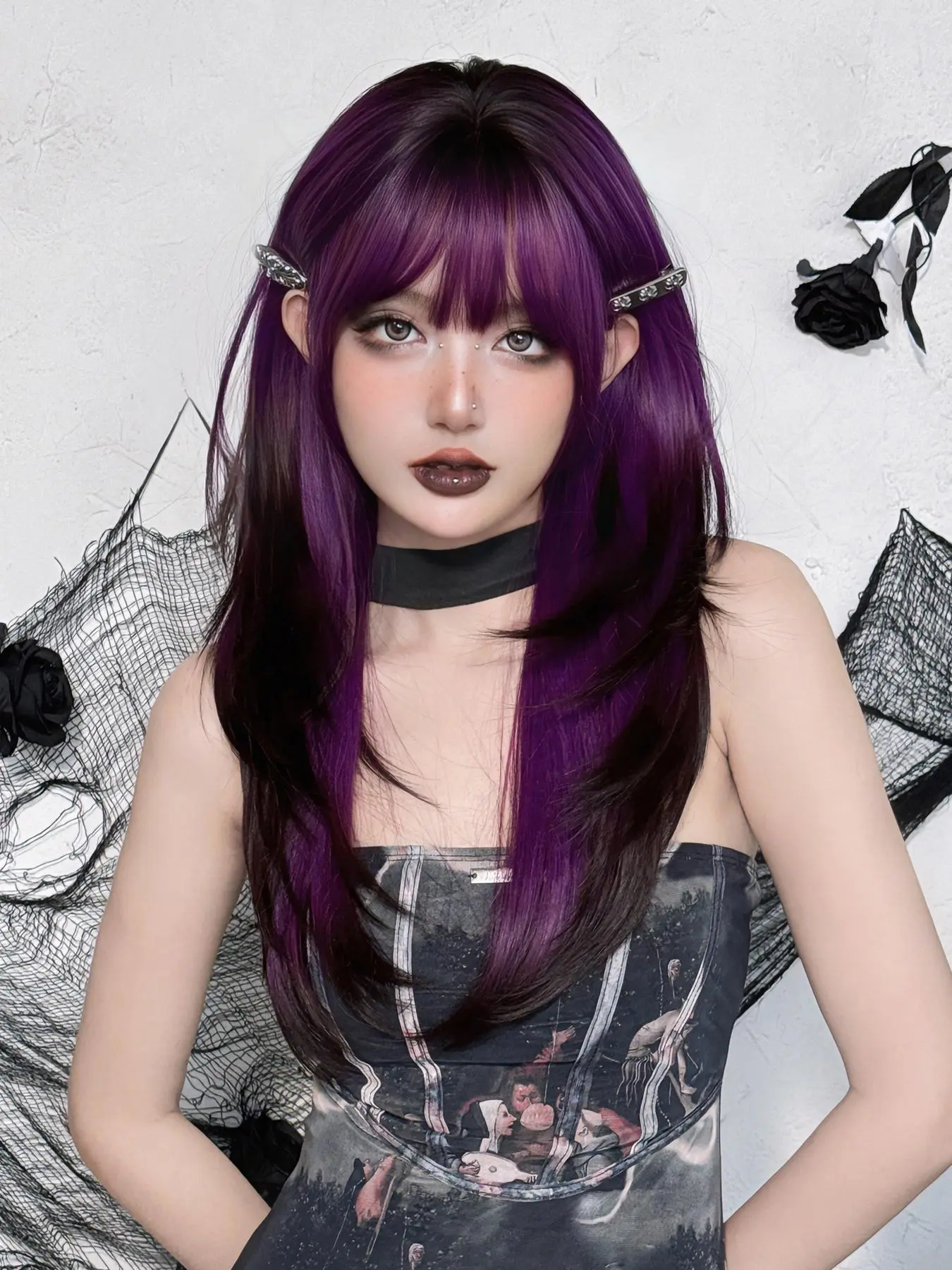 24 Inch Long Purple Wigs for Women, Fashion Fluffy Wigs, Gorgeous Fluffy Wigs with Bangs, Synthetic Material Wigs, Synthetic Heat Resistant Fiber Wigs, Synthetic Hair Wig for Party, Daily Use