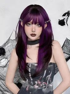 24 Inch Long Purple Wigs for Women, Gorgeous Fluffy Wigs with Bangs, Synthetic Material Wigs, Synthetic Heat Resistant Fiber Wigs for Party, Daily Use