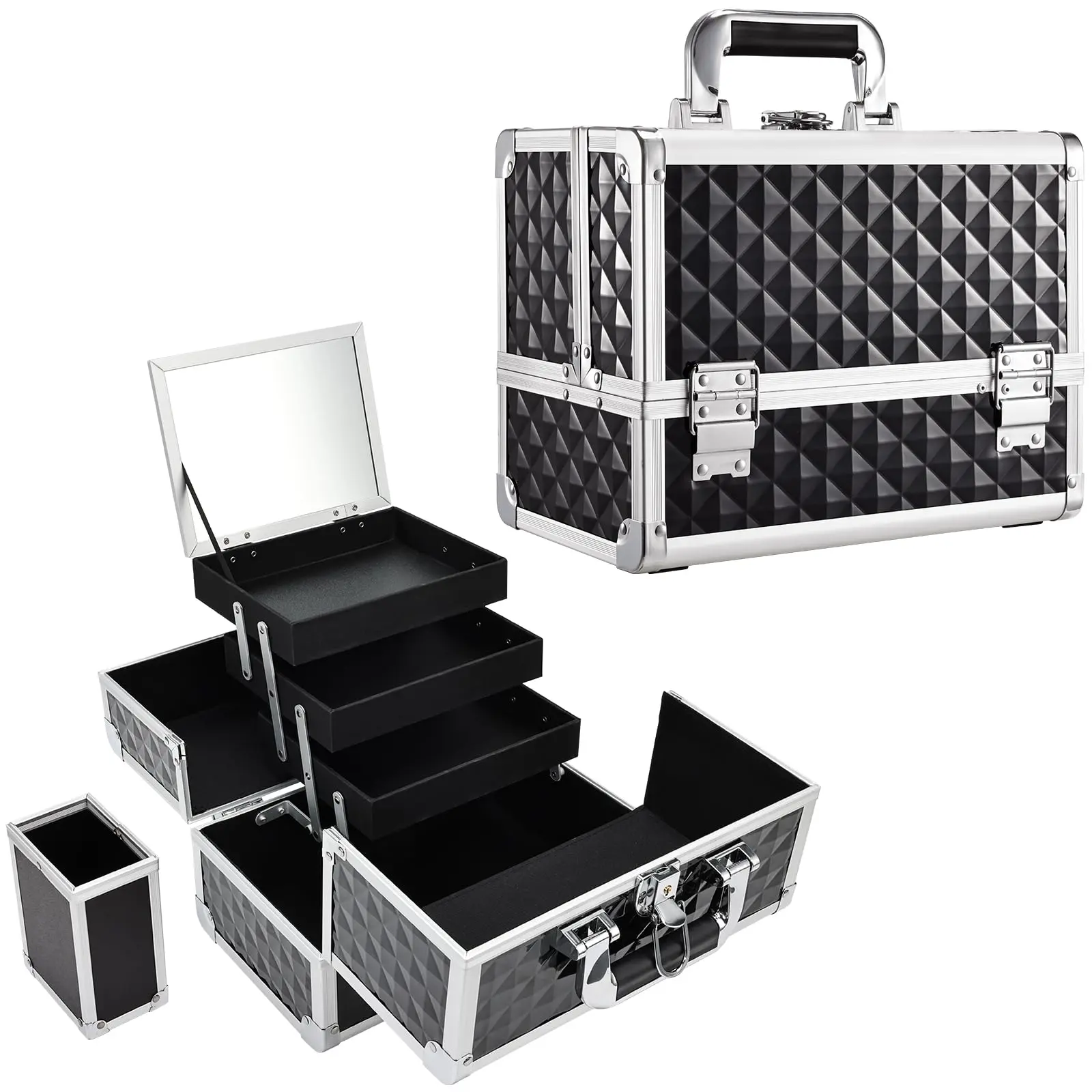 Joligrace Makeup Train Case 3 Trays Cosmetic Box Lockable Jewelry Organizer Professional Makeup Case with Mirror and Detachable Brush Holder